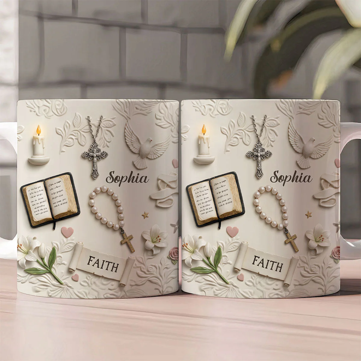 Faith Christian Cross & Rosary - Custom 3D Inflated Effect Personalized White Edge-to-Edge Mug - Christian Gift BA01 - Image 2