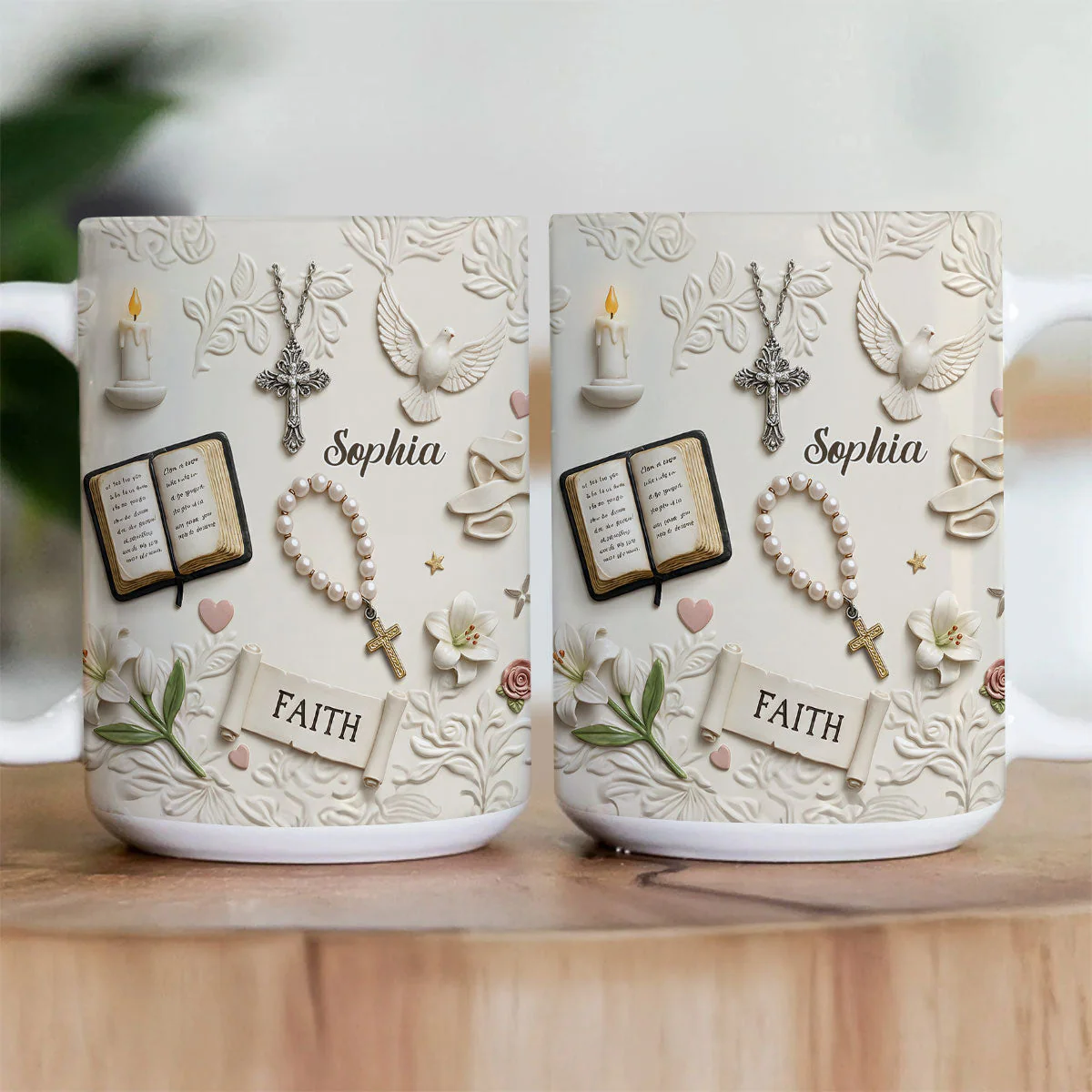 Faith Christian Cross & Rosary - Custom 3D Inflated Effect Personalized White Edge-to-Edge Mug - Christian Gift BA01 - Image 3