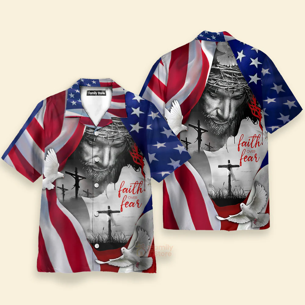 Faith Over Fear Jesus Under American Flag Aloha Hawaiian Shirt - Image 2