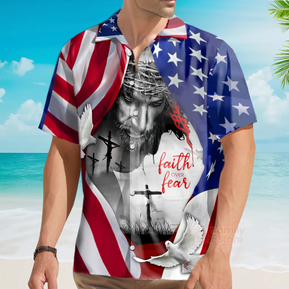Faith Over Fear Jesus Under American Flag Aloha Hawaiian Shirt - Image 3