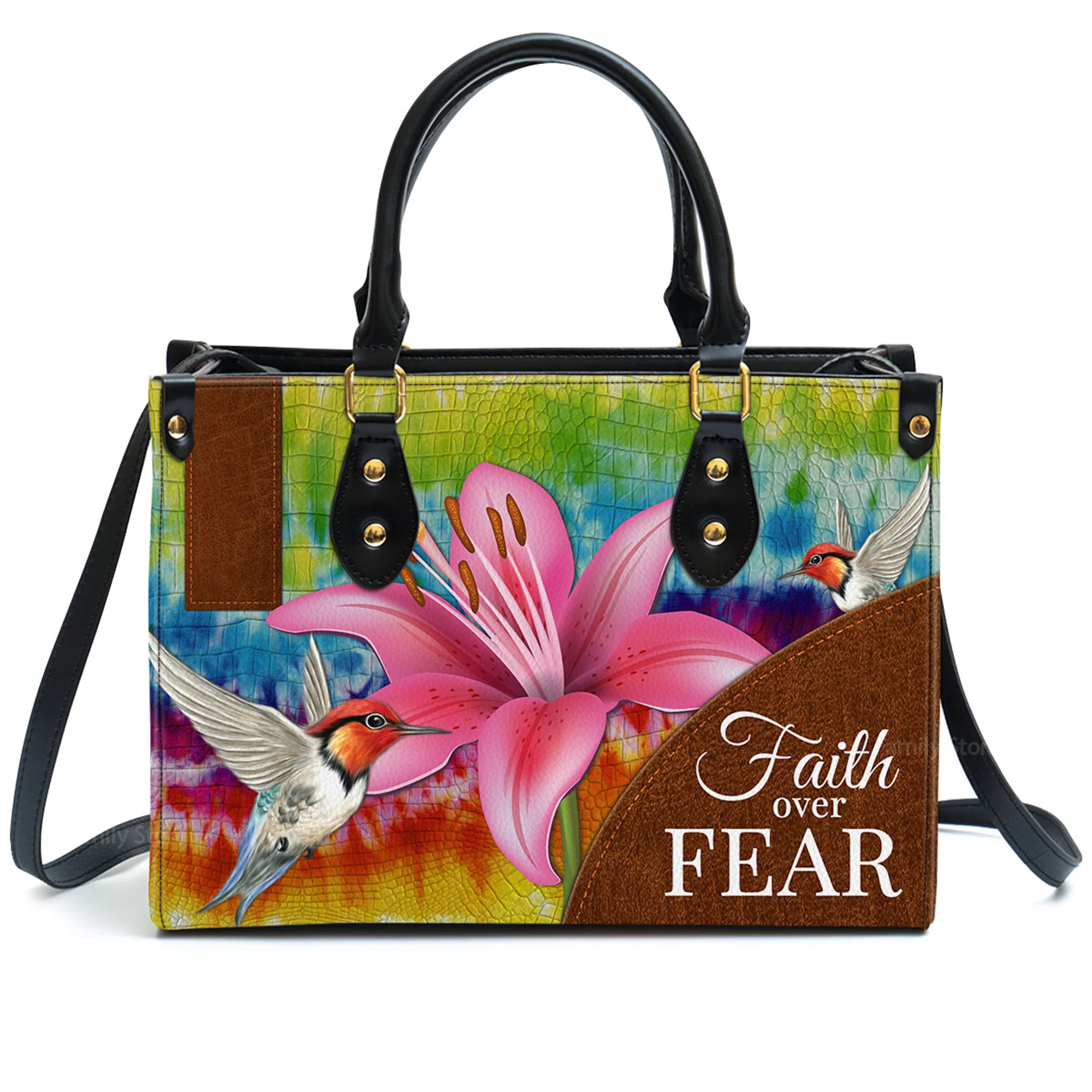 Faith Over Fear Lily Flower - Thoughtful Gift For Christians - Personalized Leather Handbag With Handle - AT4080741 - Image 2