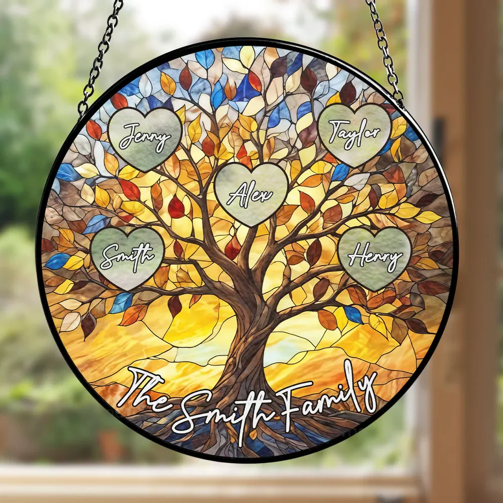 Family Tree Love Grows Here - Personalized Stained Glass Window Hanging Suncatcher - Gift For Family Members | NA94