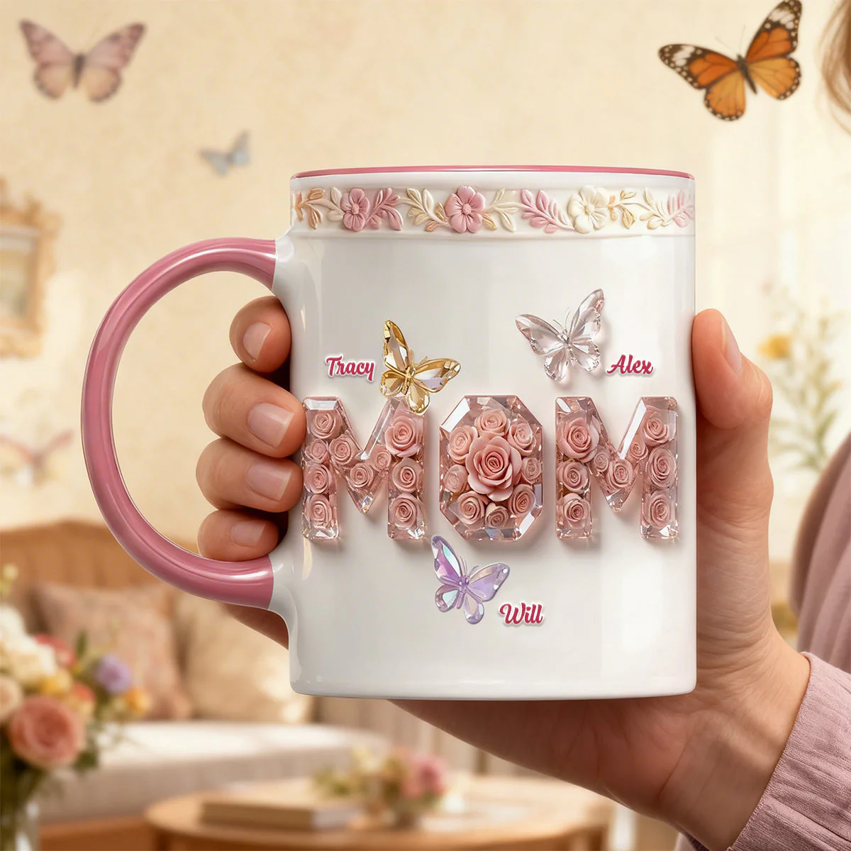 Floral Rose & Butterfly - Personalized Accent Mug - Gift For Mom, Grandma HN02