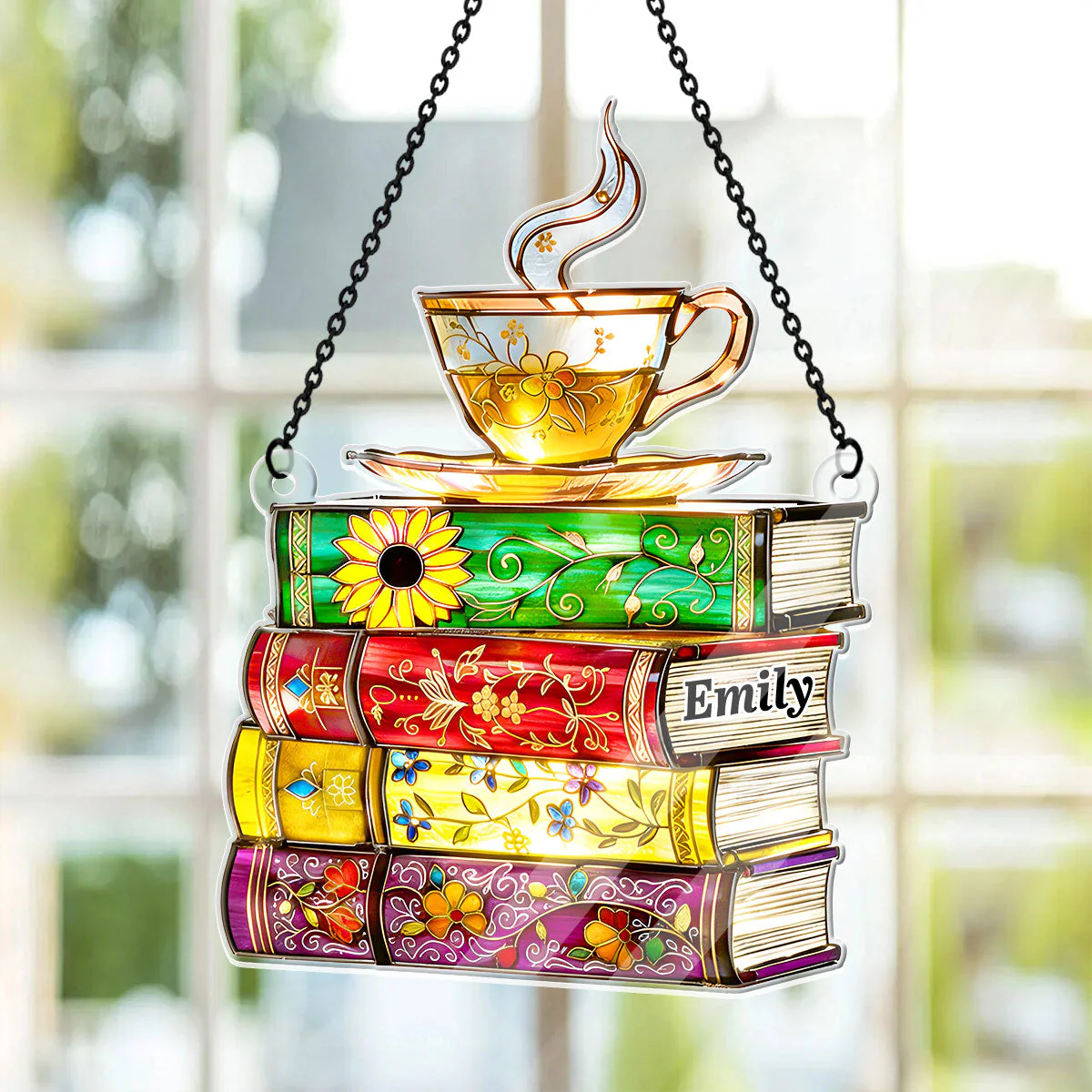 Flower Books And Tea - Personalized Acrylic Suncatcher - Gift For Book Lovers HH01 - Image 2