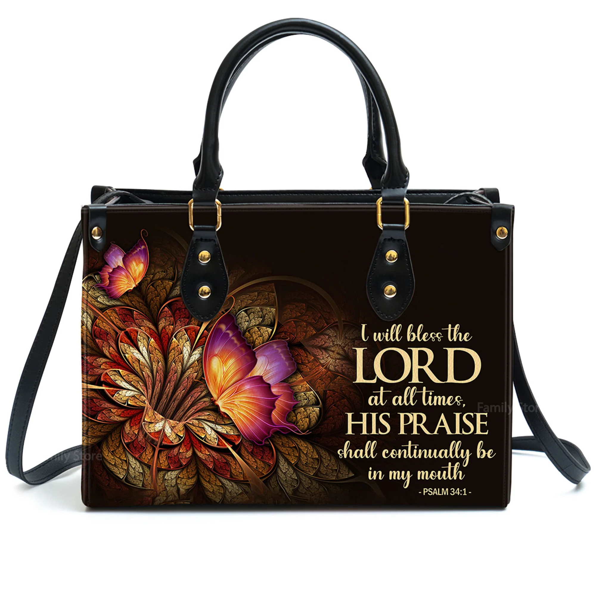 Flower & Butterfly Psalm 341 I Will Bless The Lord At All Times - Thoughtful Gift For Christians - Personalized Leather Handbag With Handle - AT4081323 - Image 2