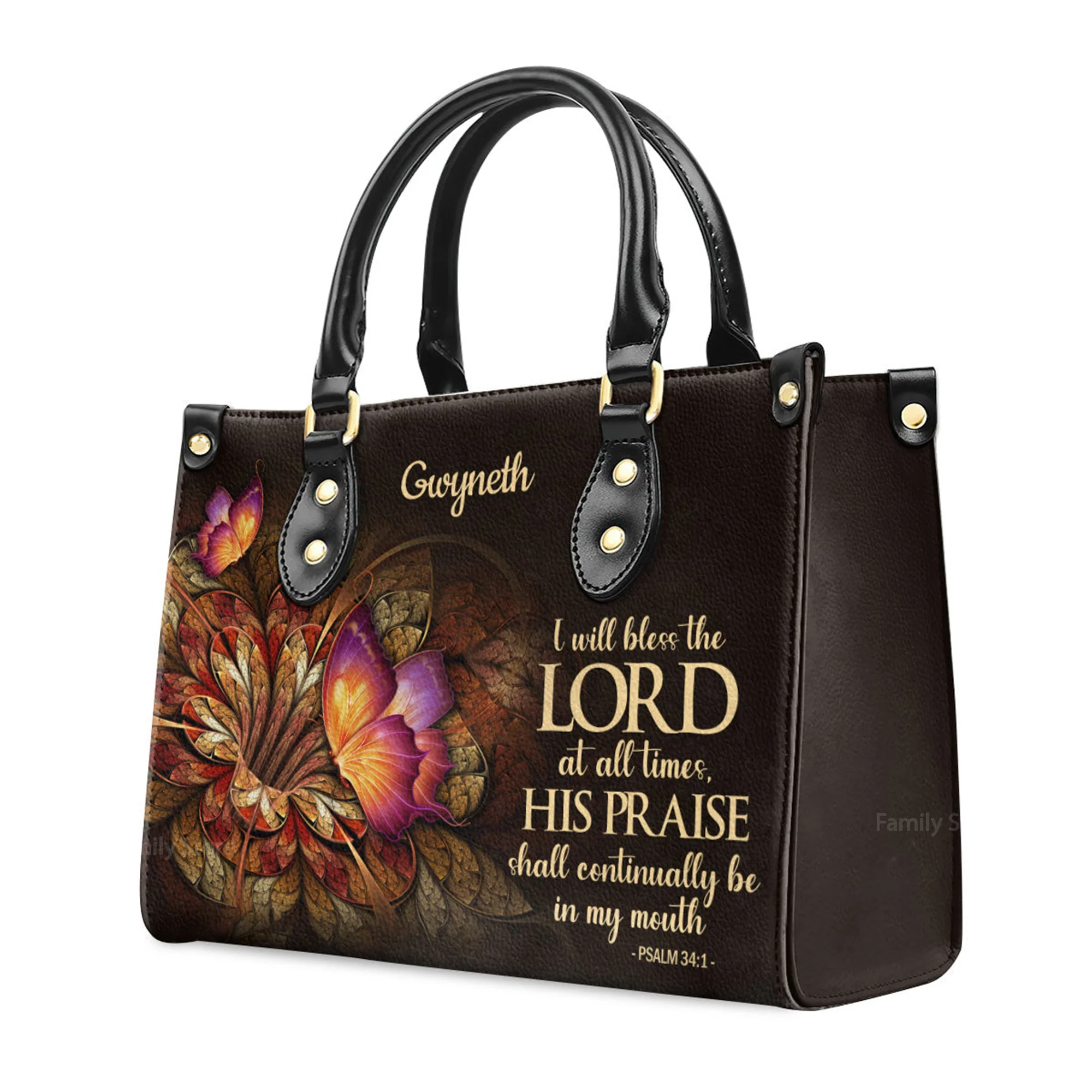 Flower & Butterfly Psalm 341 I Will Bless The Lord At All Times - Thoughtful Gift For Christians - Personalized Leather Handbag With Handle - AT4081323 - Image 3