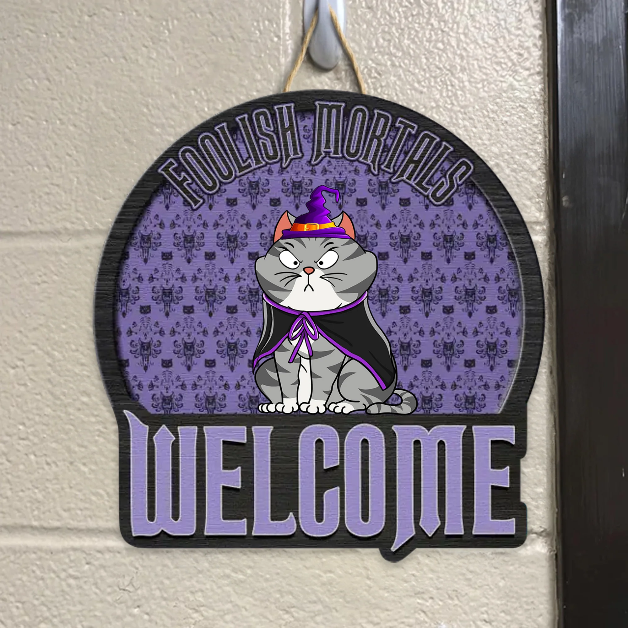 Foolish Mortals Welcome - Halloween Gift For Cat Lover - Personalized Custom Shaped Wood Sign - CLP01 NH96 - Image 3