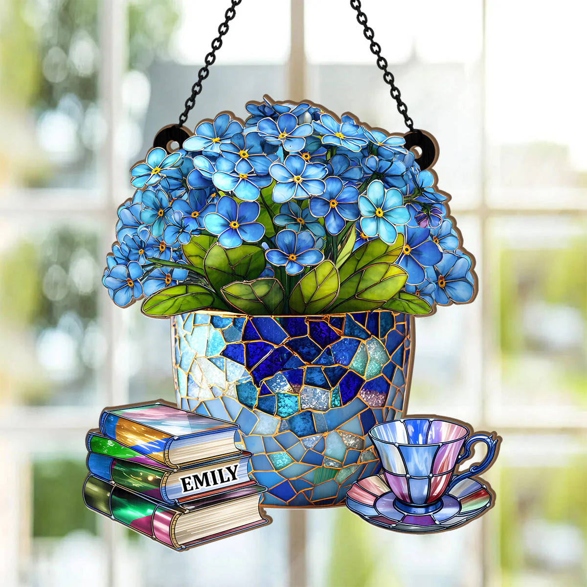 Forget-Me-Not, Books, And Tea - Personalized Window Hanging Suncatcher - Image 2