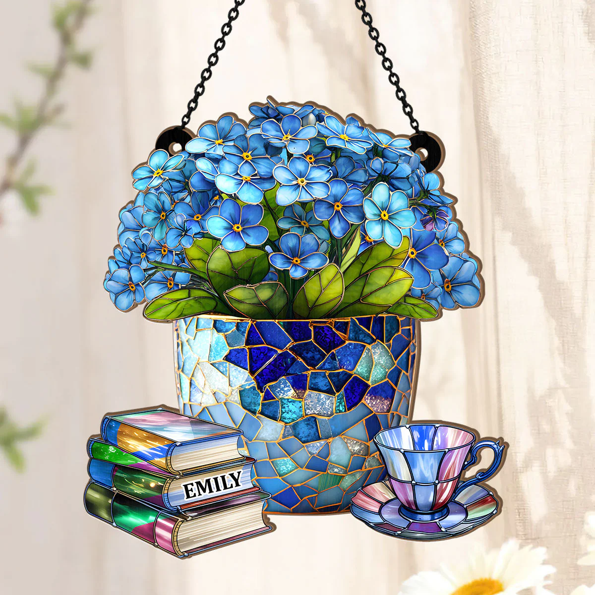 Forget-Me-Not, Books, And Tea - Personalized Window Hanging Suncatcher - Image 3
