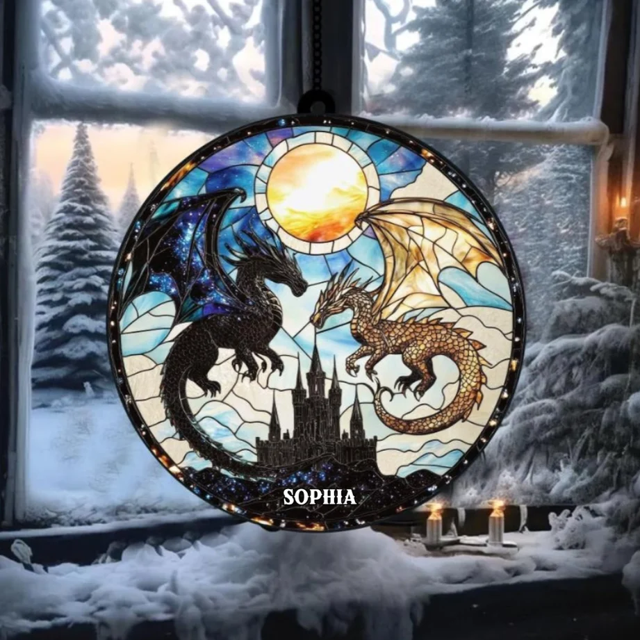Fourth Wing With Tairn And Andarna - Personalized Dragon Suncatcher - Gift For Dragon Lover, Book Reader | HH01 - Image 2