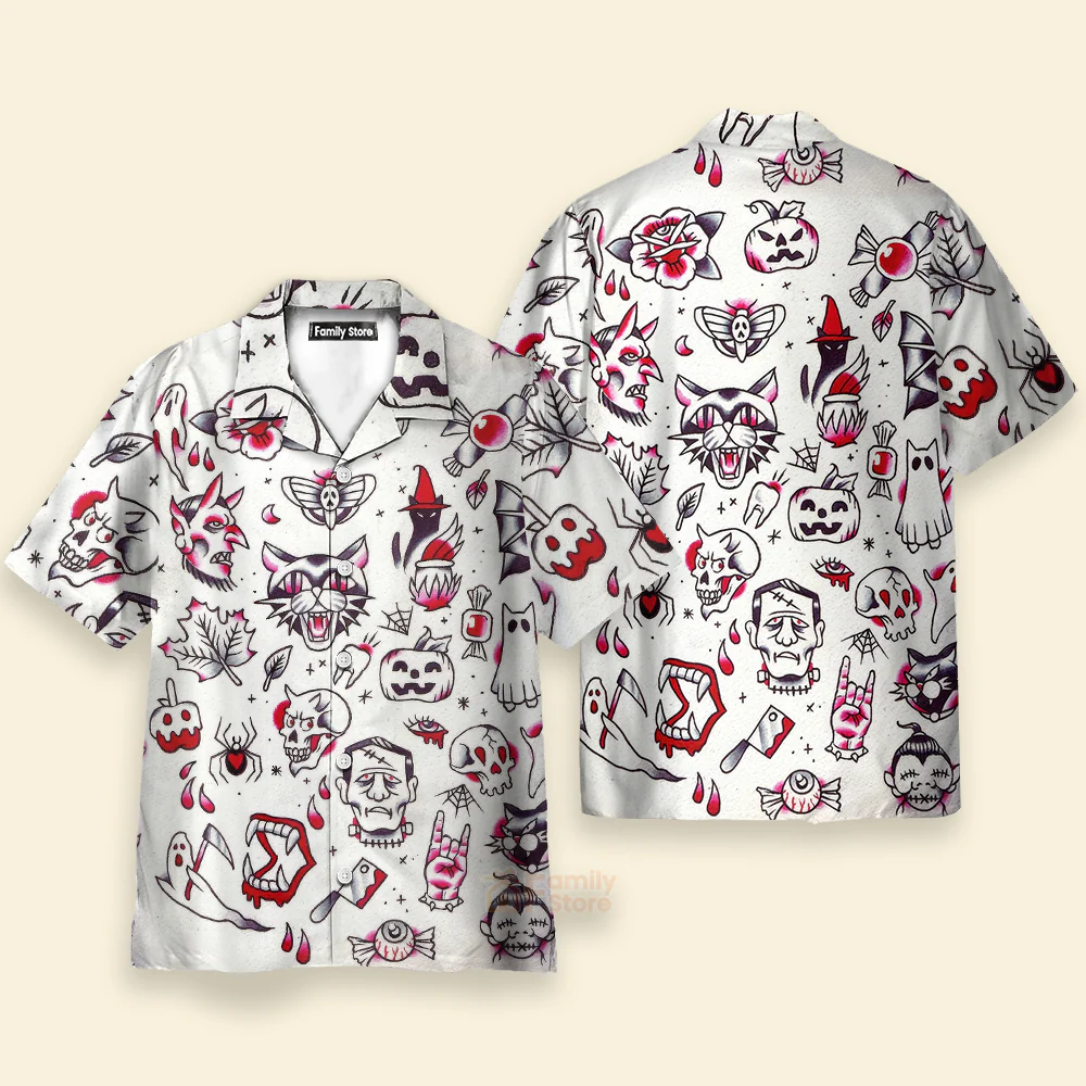 Fun Halloween Elements Tattoo Style Hawaiian Shirt - Image 2