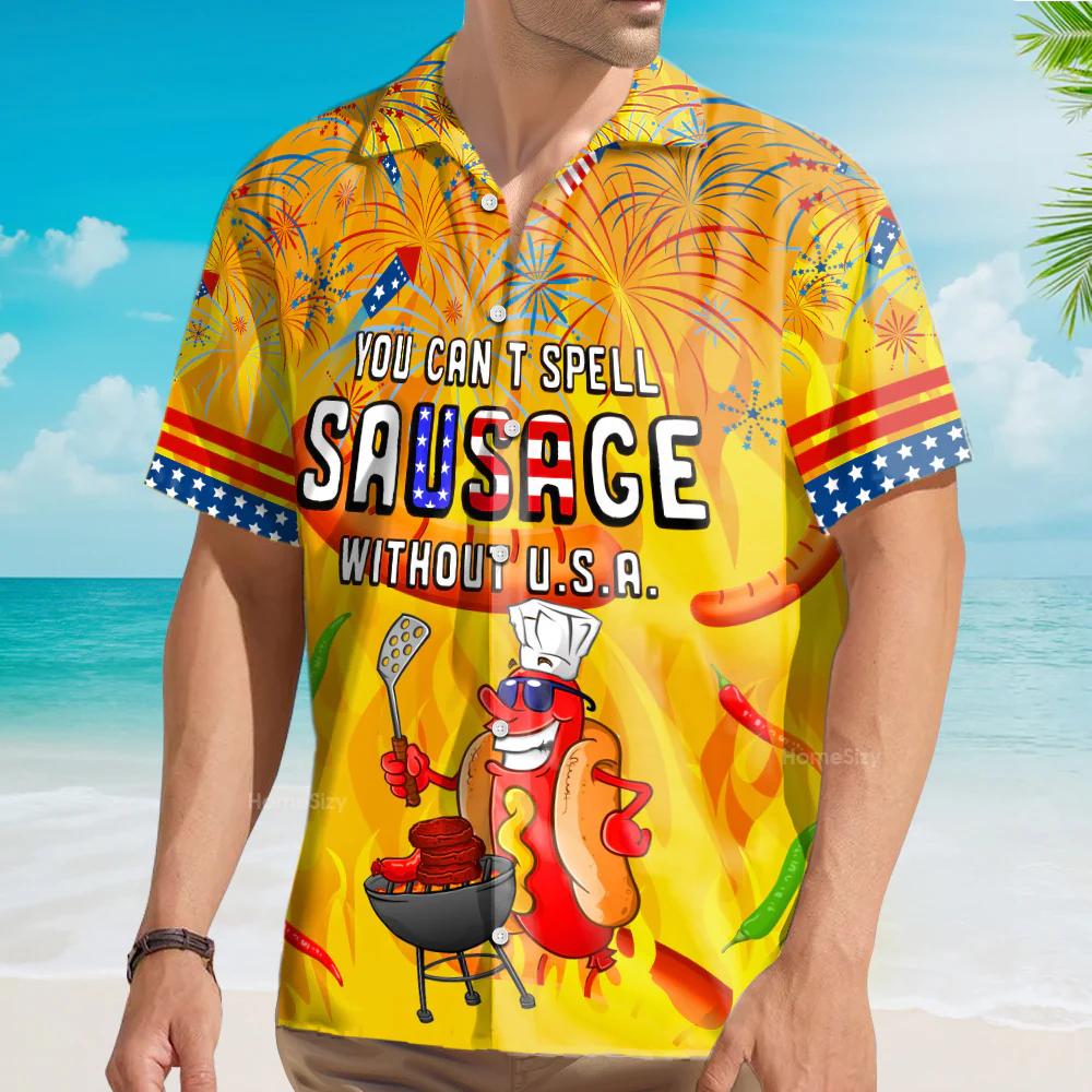 Funny BBQ Sausage Hawaiian Shirt - 4th of July USA Grilling - Custom Hawaiian Shirt - Image 2