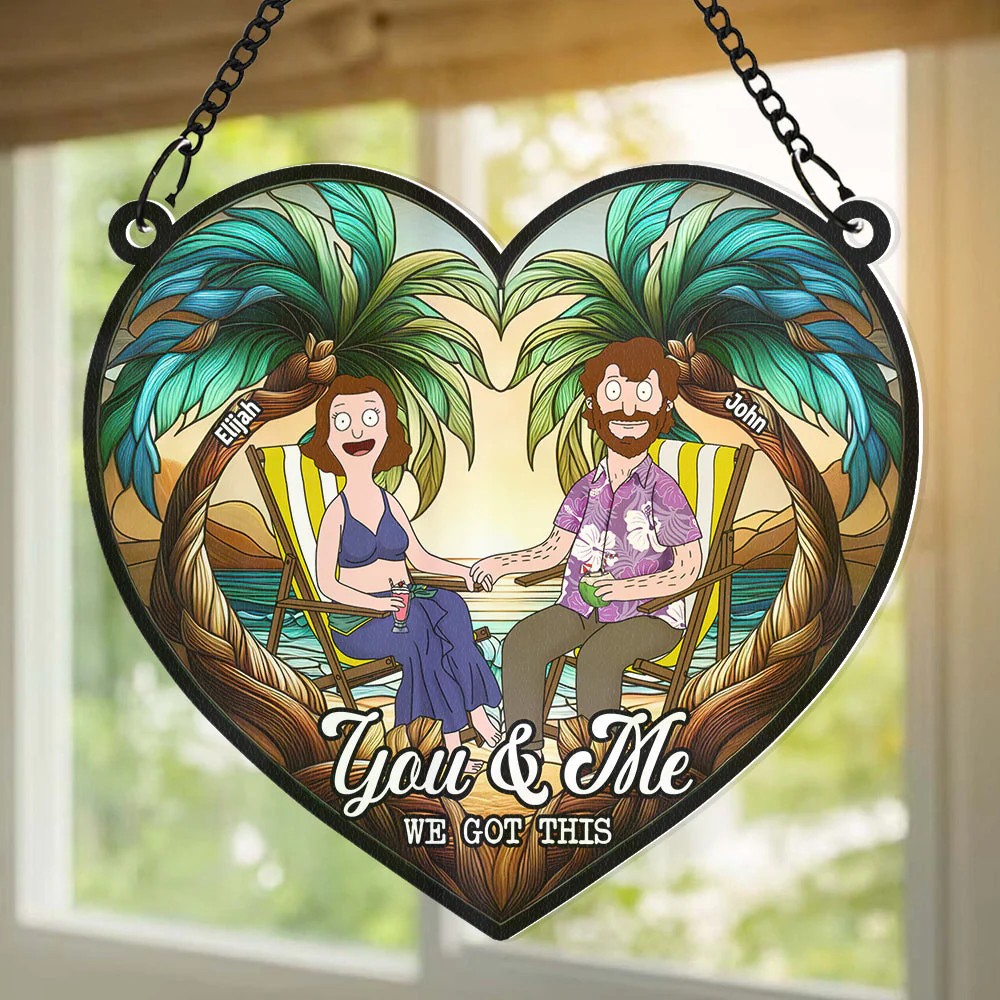 Funny Burgers Cartoon Couple Beach Anniversary - Gift For Couple, Anniversary - Personalized Window Hanging Window Hanging Suncatcher Ornament | CL55 - Image 2