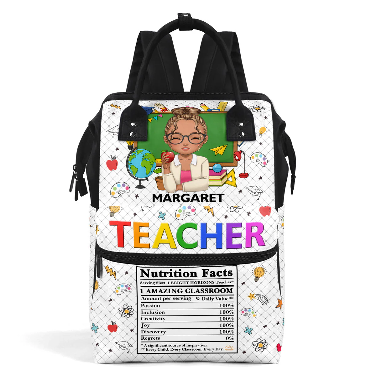 Funny Teacher Nutrition Facts - Personalized Duckbilled Backpack - Affirmation Gift For Teachers | CLTC05. Haft Teacher HD95
