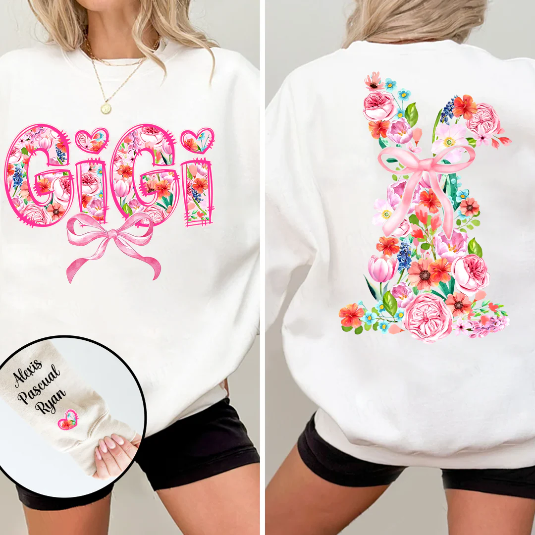 Gigi With Floral And Grandkids' Names - Personalized Sweatshirt With Design On Sleeve - Gift For Mom, Grandma | HN02