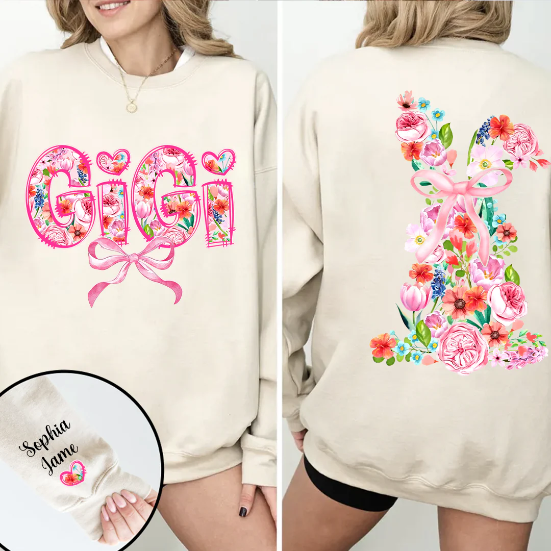 Gigi With Floral And Grandkids' Names - Personalized Sweatshirt With Design On Sleeve - Gift For Mom, Grandma | HN02 - Image 4