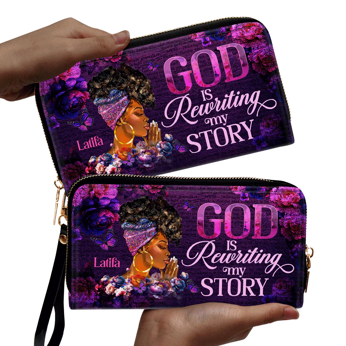 God Is Rewriting My Story - Personalized Christian Leather Clutch Purse - Gift For Black Women