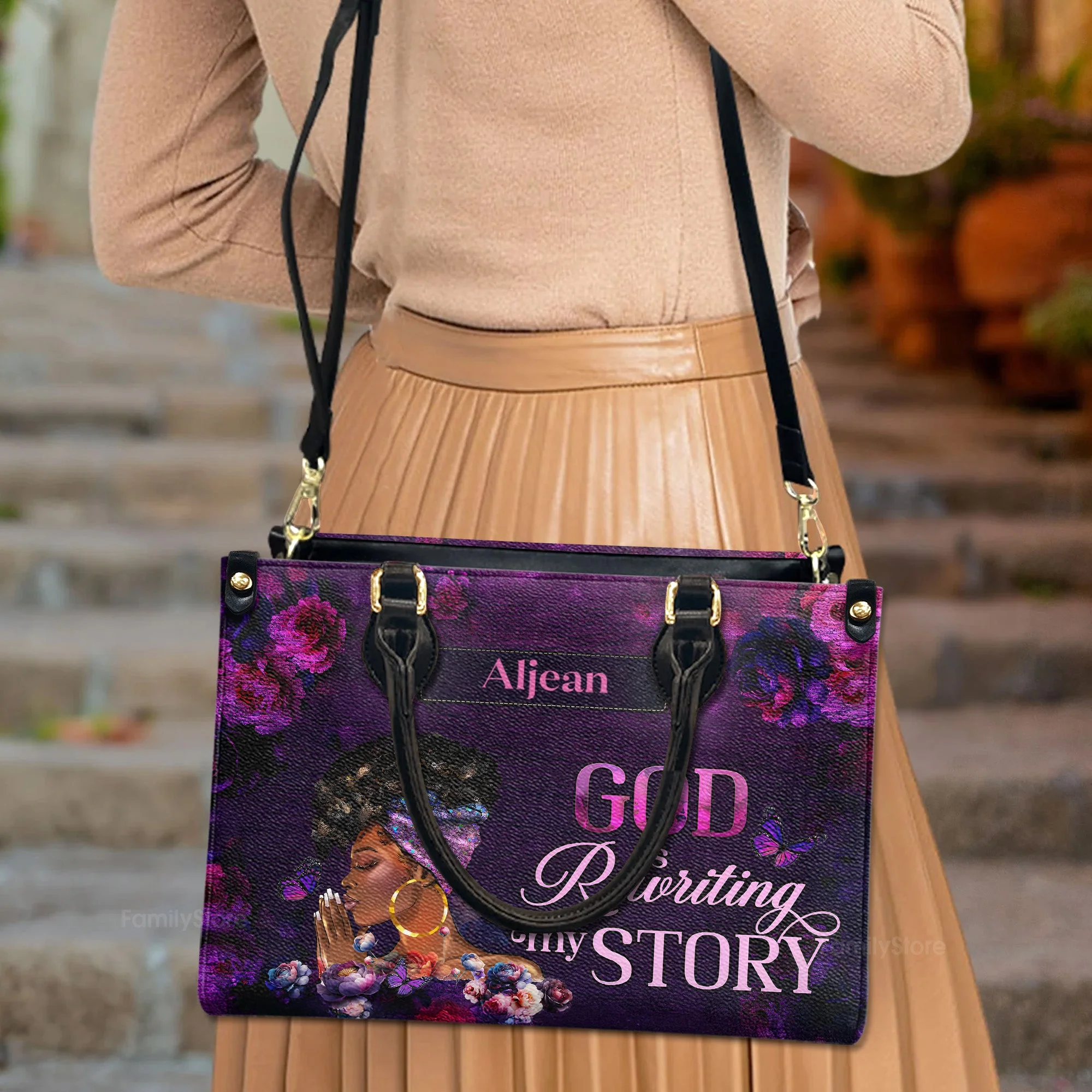 God Is Rewriting My Story - Personalized Christian Leather Handbag - Gift For Black Women | HD95 - Image 4