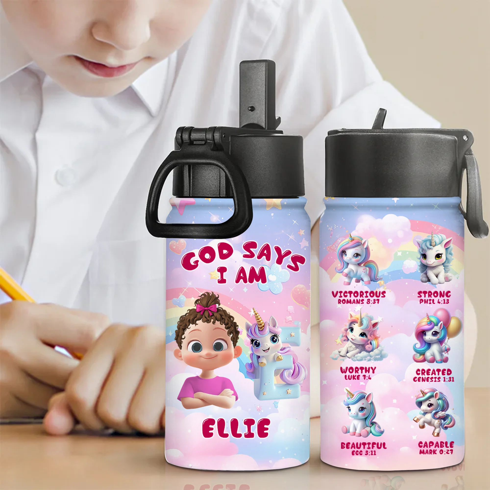 God Says I Am Beautiful - Personalized Kid Water Bottle - Gift For Kids | GR29 TD118 - Image 2