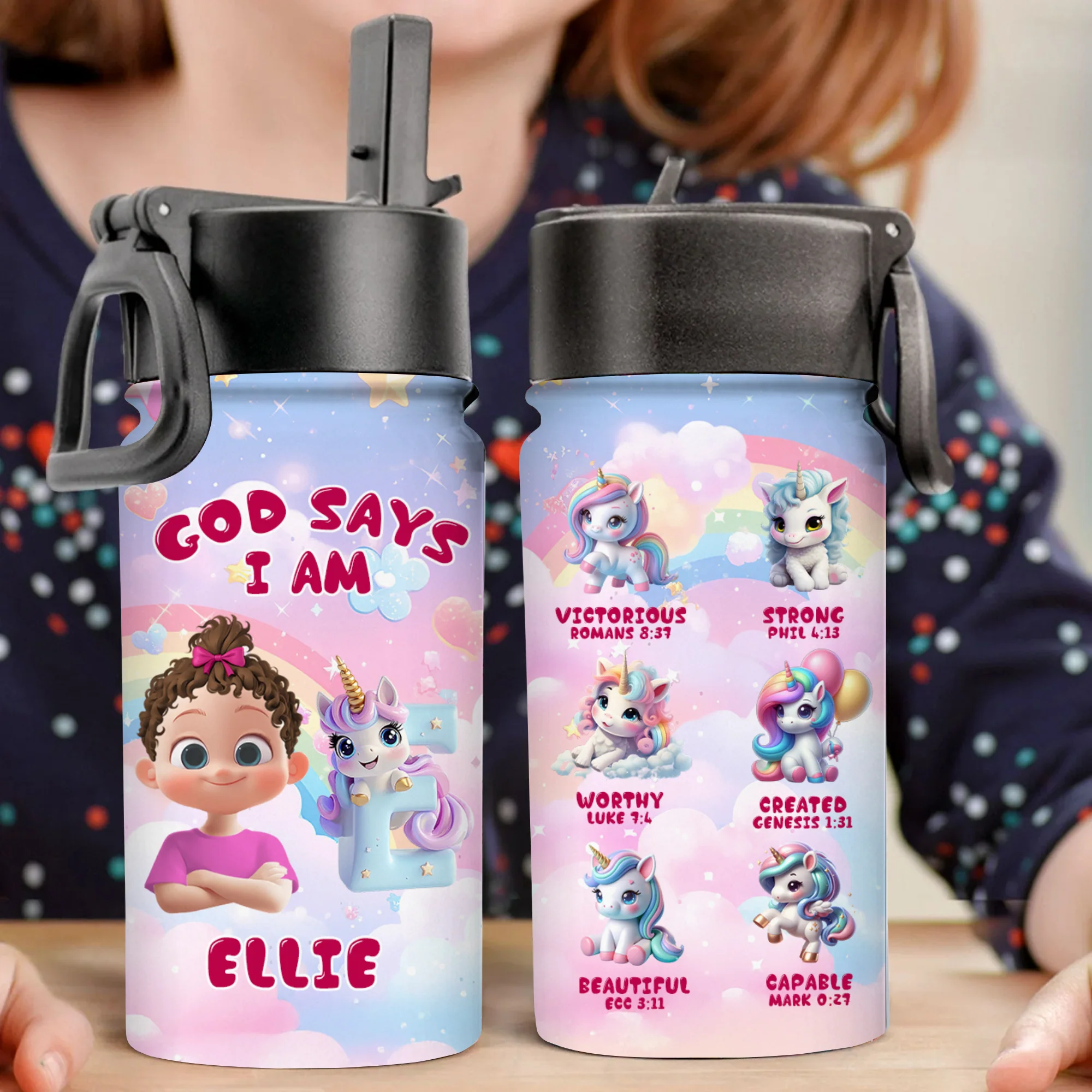 God Says I Am Beautiful - Personalized Kid Water Bottle - Gift For Kids | GR29 TD118 - Image 3