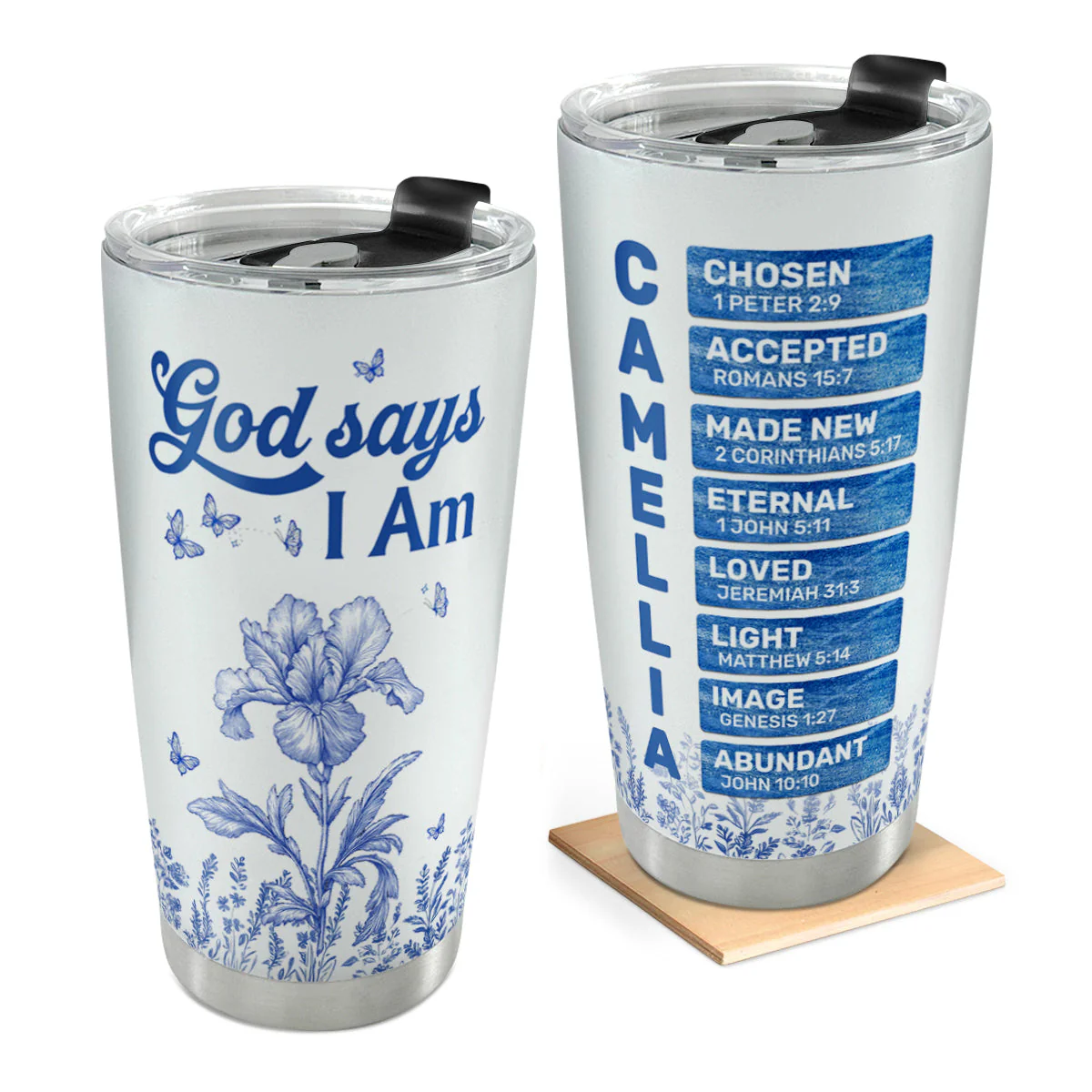 God Says I Am Blue Floral Scripture - Personalized Stainless Steel Tumbler - Gift For Her | HN02