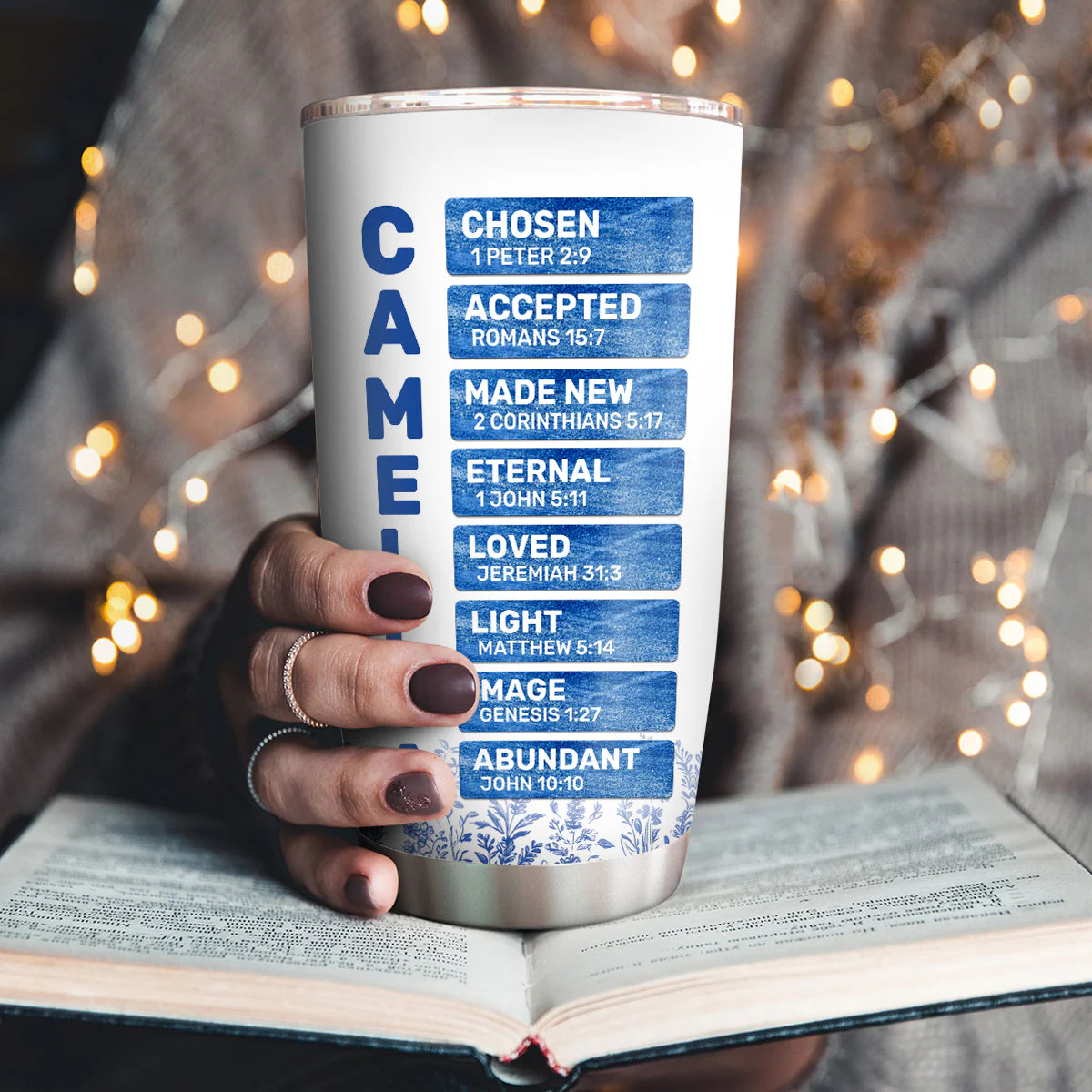 God Says I Am Blue Floral Scripture - Personalized Stainless Steel Tumbler - Gift For Her | HN02 - Image 2