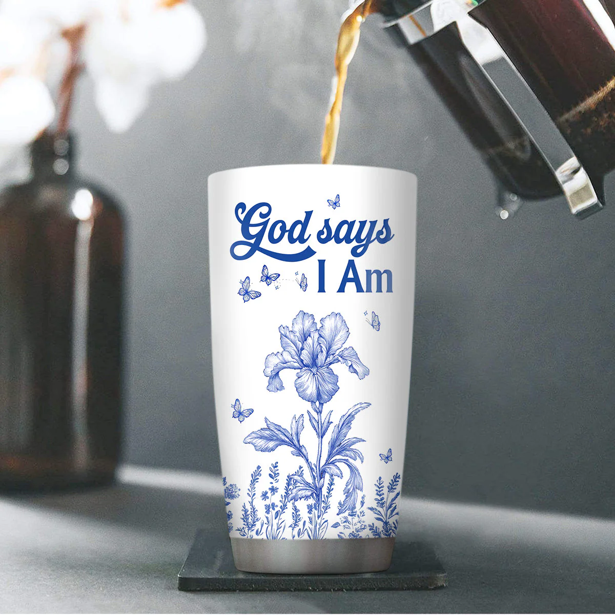 God Says I Am Blue Floral Scripture - Personalized Stainless Steel Tumbler - Gift For Her | HN02 - Image 3