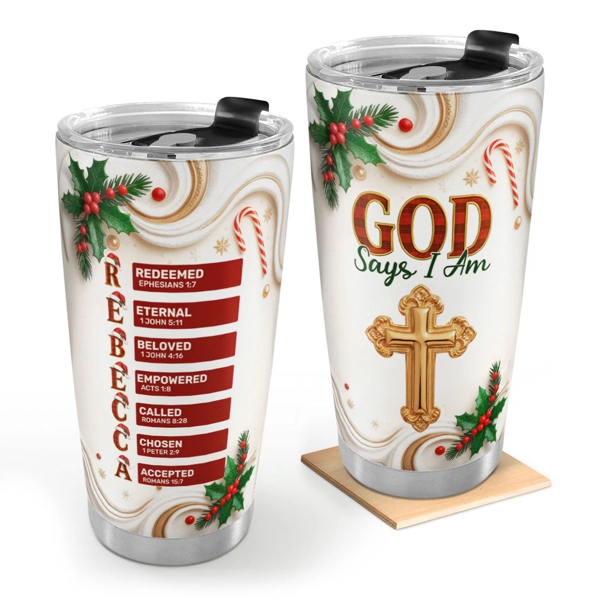 God Says I Am Christmas Red Plaid - Personalized Stainless Steel Tumbler HL128
