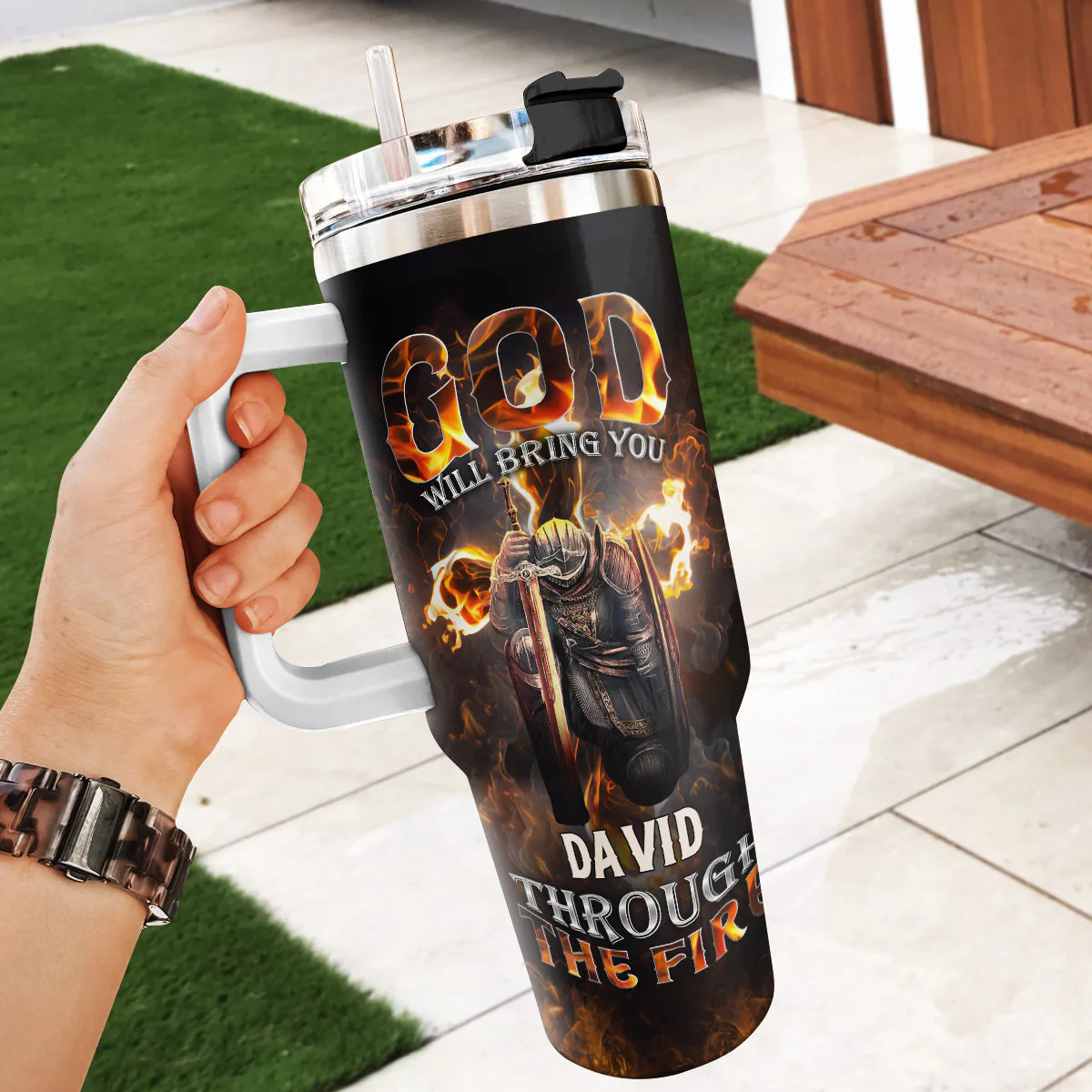 God Will Bring You Through The Fire - Personalized Stainless Steel Tumbler - Gift For Him HN02 - Image 4
