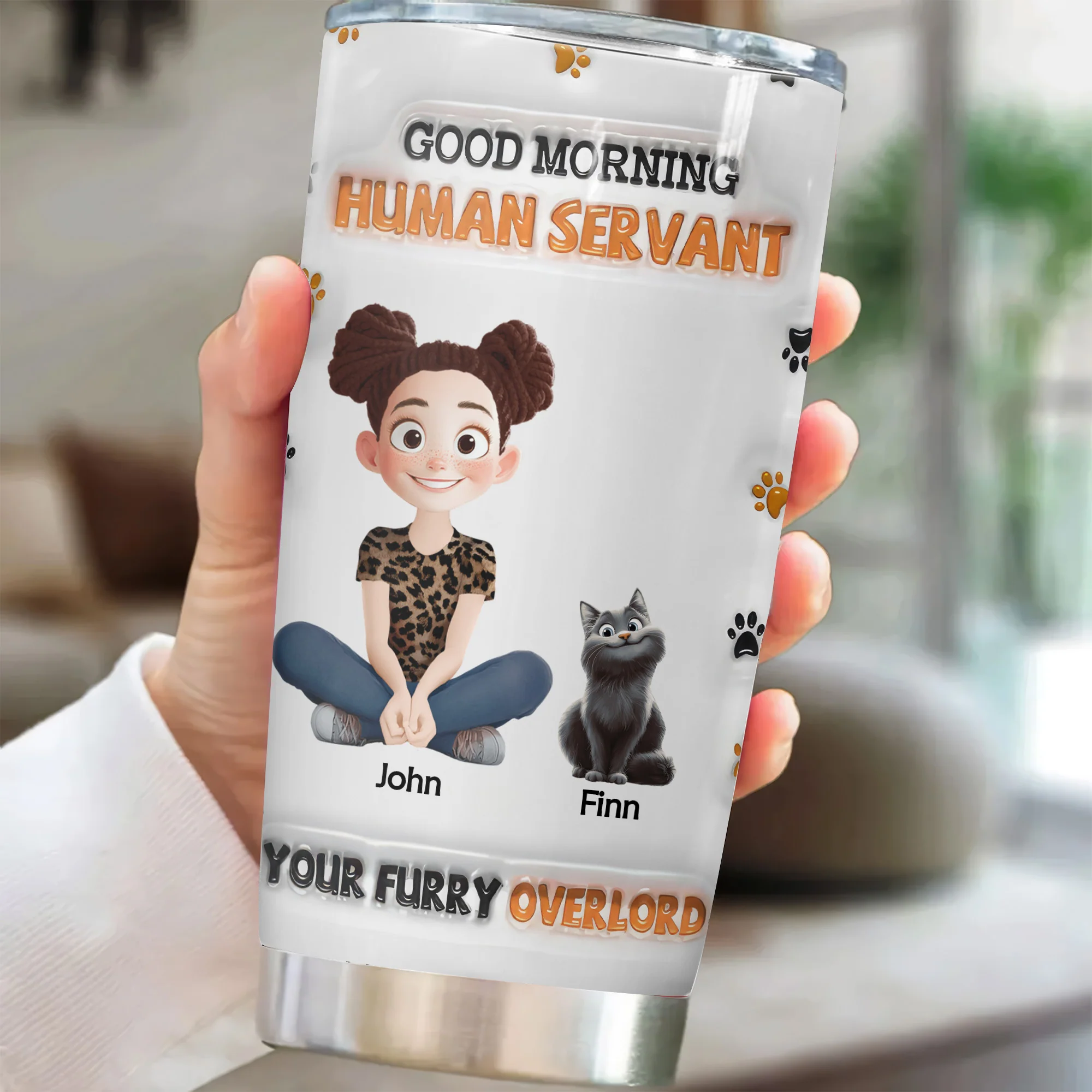 Good Morning Human Servant 3D Inflated Effect Cartoon Cat - Personalized Tumbler Cup - Gift for Pet Owners, Pet Lovers, Cat Mom | CLP15 NH96 - Image 2