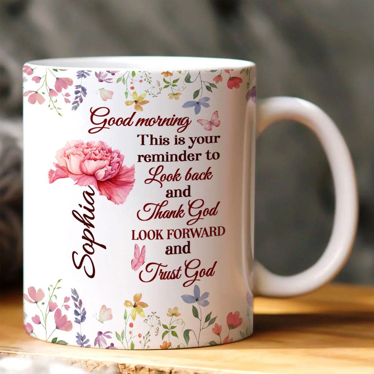 Good morning, Thank God, Trust God - Personalized White Edge-to-Edge Mug - Christian Gift For Her BA01