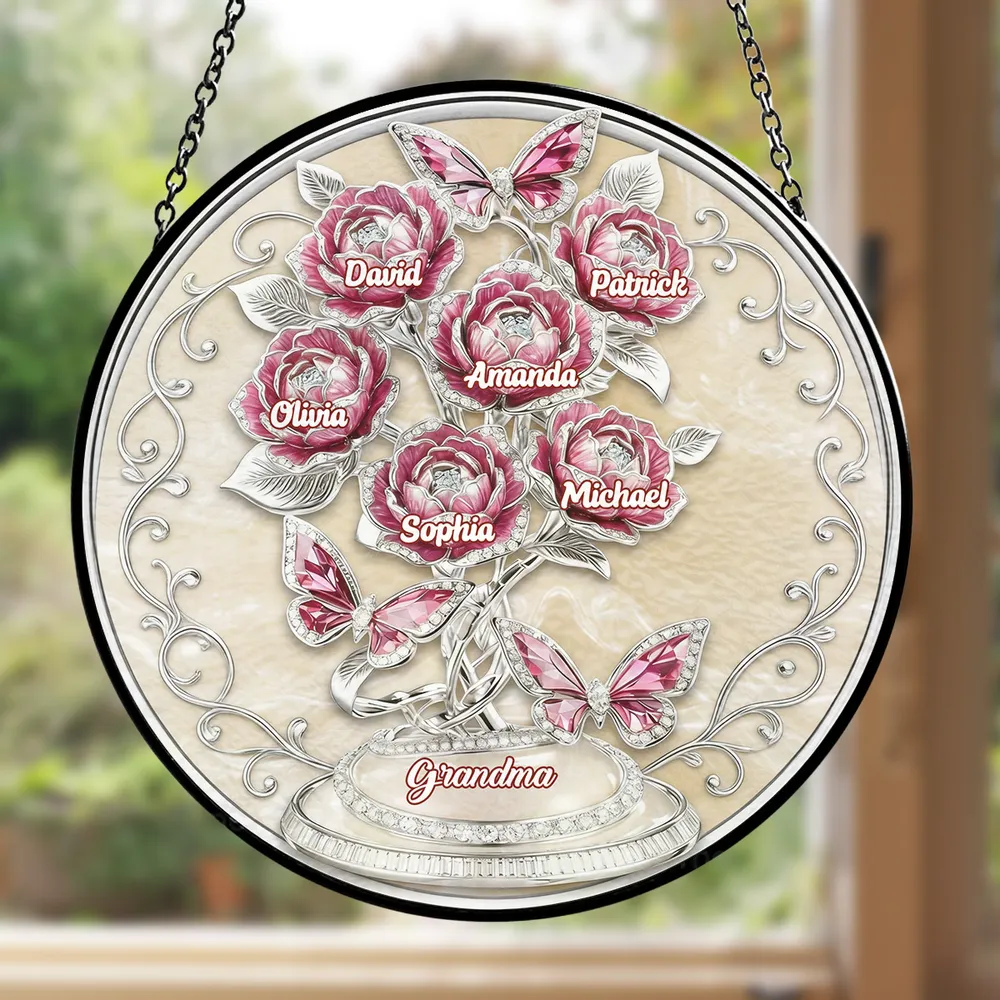 Grandma Lovely Flowers - Rose Flower Grandma - Personalized Window Hanging Suncatcher - Gift For Mom, Grandma HN02