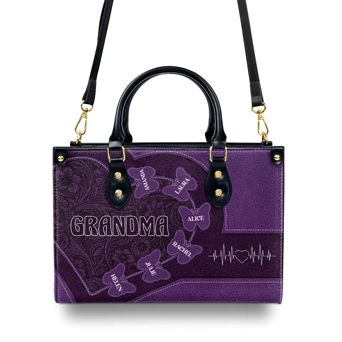 Grandma Purple Heart Butterfly - Personalized Leather Handbag - Gift For Grandma, Mother's Day HD95 - Image 4