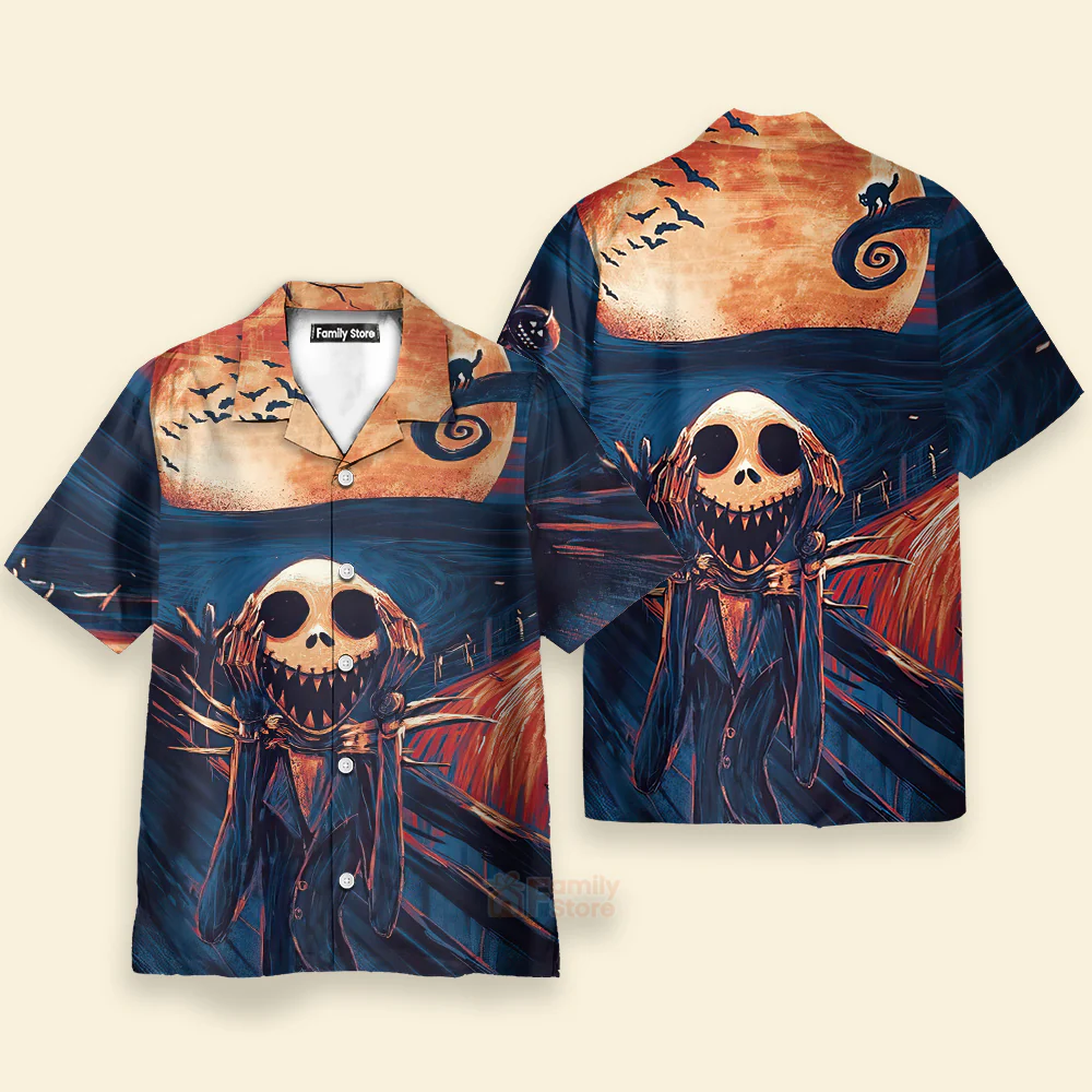 Halloween Oil Painting The Scream Skeleton Hawaiian Shirt - Image 3