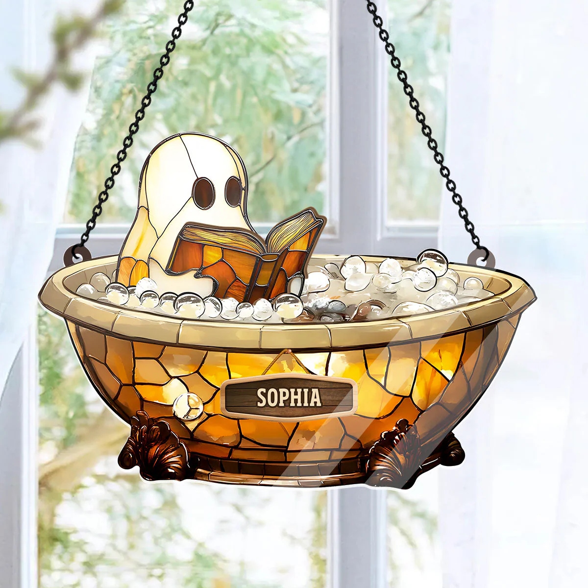 Halloween Reading Book Lover - Personalized Window Hanging Suncatcher - Image 6