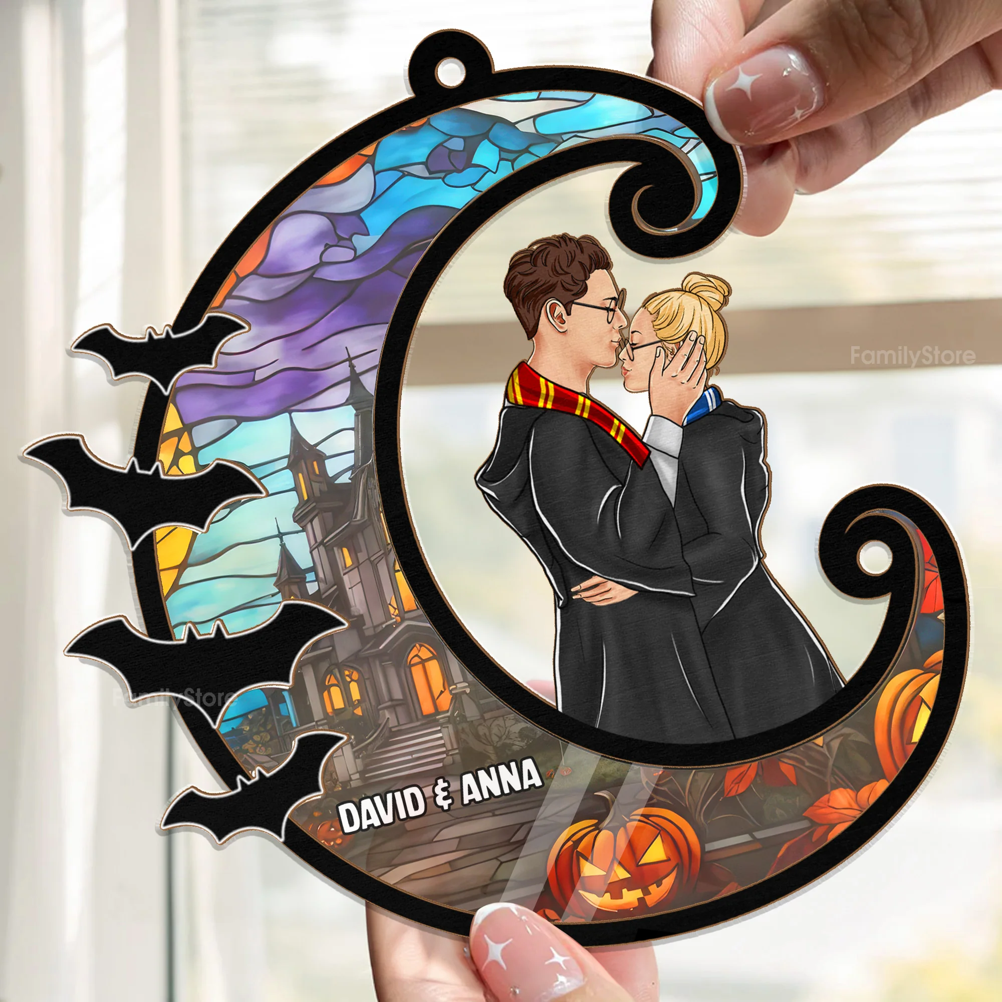 HaPo Wizard And Witch Kissing Couple In Nightmare - Personalized Window Hanging Suncatcher - Gift For Couples | CL20 NL122 - Image 2