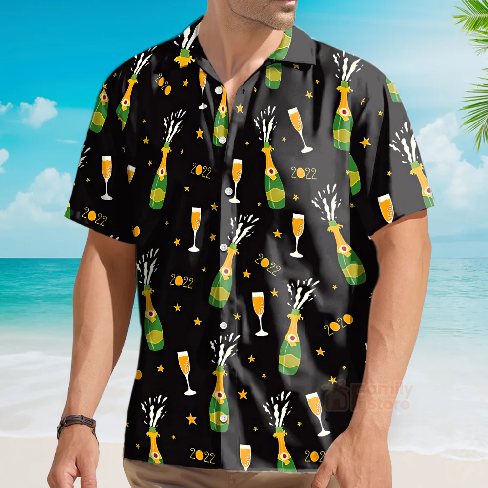 Happy New Year Champagne Bottle And Glass Lovely Pattern Hawaiian Shirt - Image 3