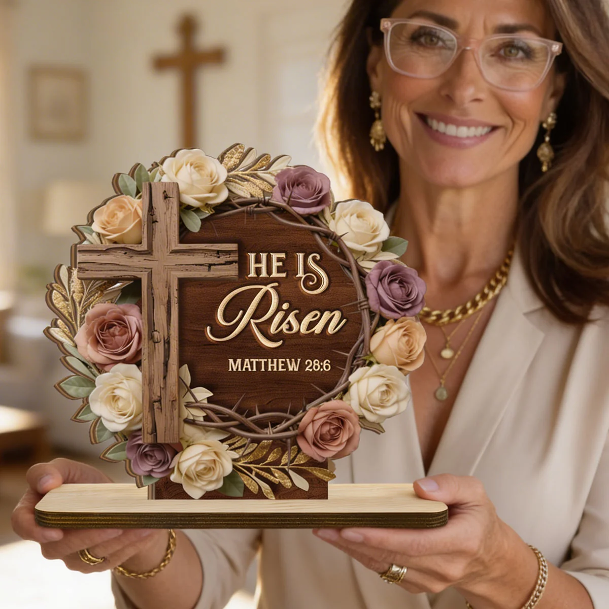 He Is Risen Matthew 28:6 - Shaped Wooden Plaque - Christian Gift BA01 - Image 2
