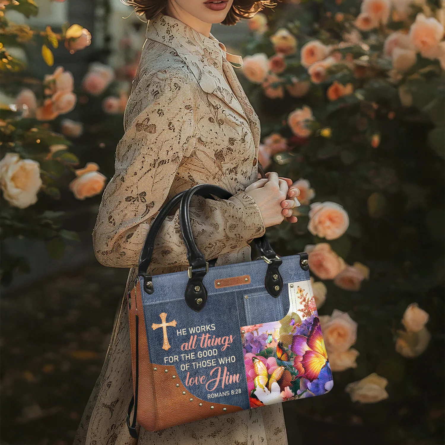 He Works All Things For The Good Of Those Who Love Him - Personalized Leather Handbag With Handle - AT4080712 - Image 4
