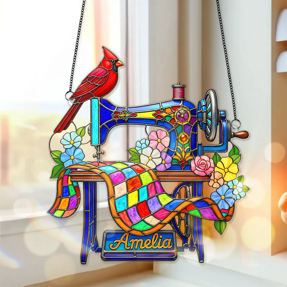 Heaven Cardinal Sewing Machine - Personalized Window Hanging Suncatcher Ornament - Memorial Gifts NA94