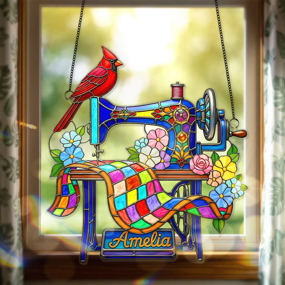 Heaven Cardinal Sewing Machine - Personalized Window Hanging Suncatcher Ornament - Memorial Gifts NA94 - Image 2