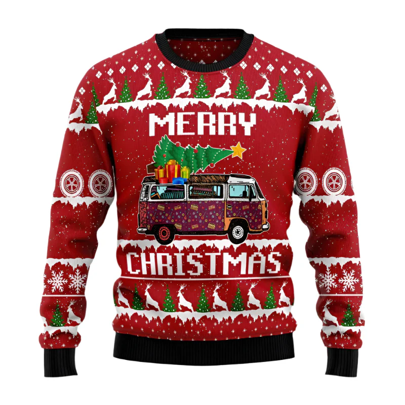 Hippie Car Merry Christmas - Funny Ugly Christmas Sweater