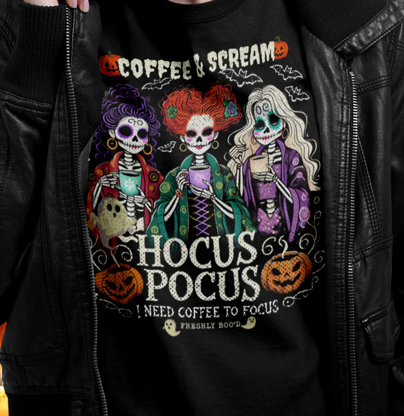 Hocus Pocus I Need Coffee To Focus Freshly Boo'd - T-Shirt - Halloween Gifts NL122 - Image 2