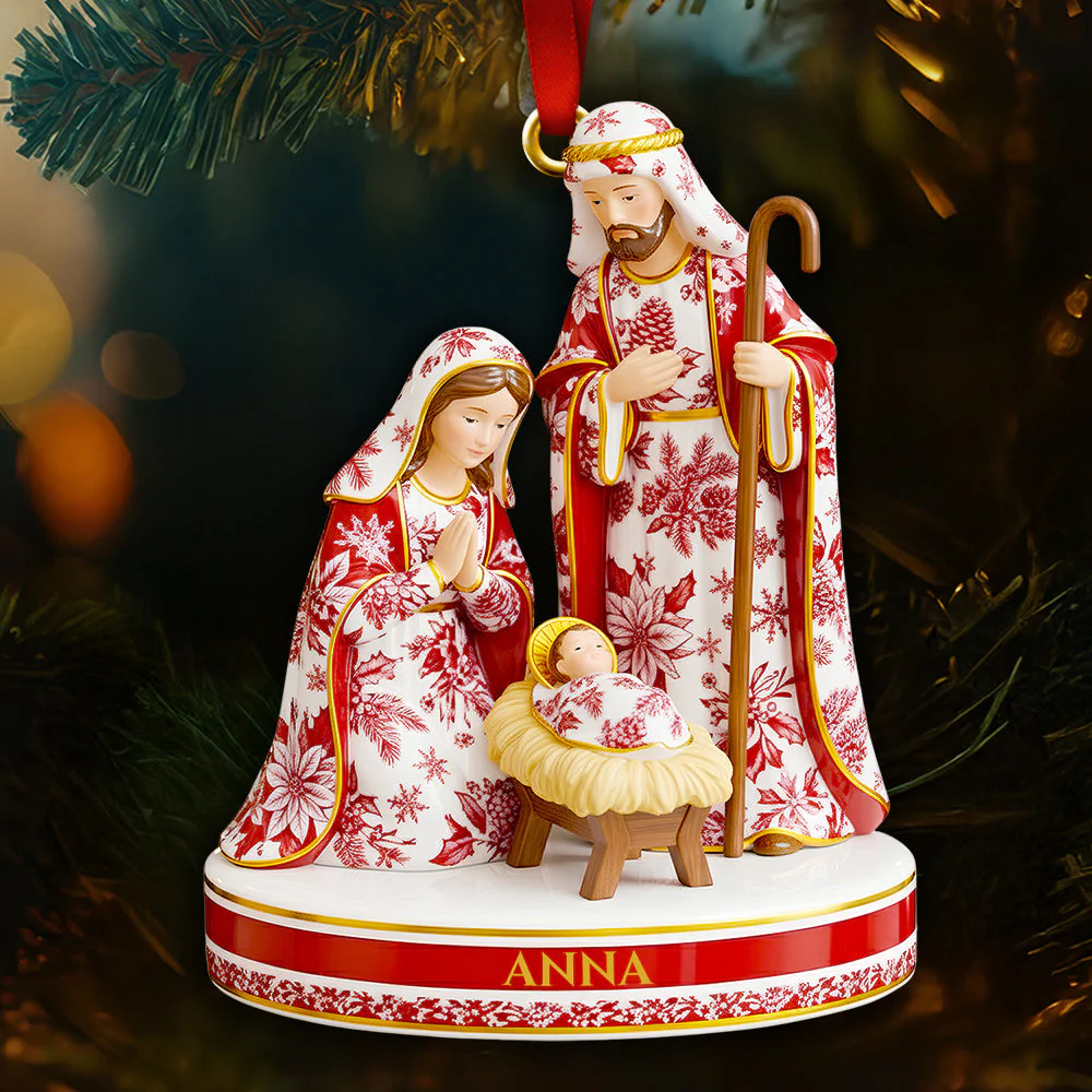Holy Family Nativity Scene - Personalized Toile de Jouy Acrylic Ornament - Christmas Gift For Believers HH01 - Image 2