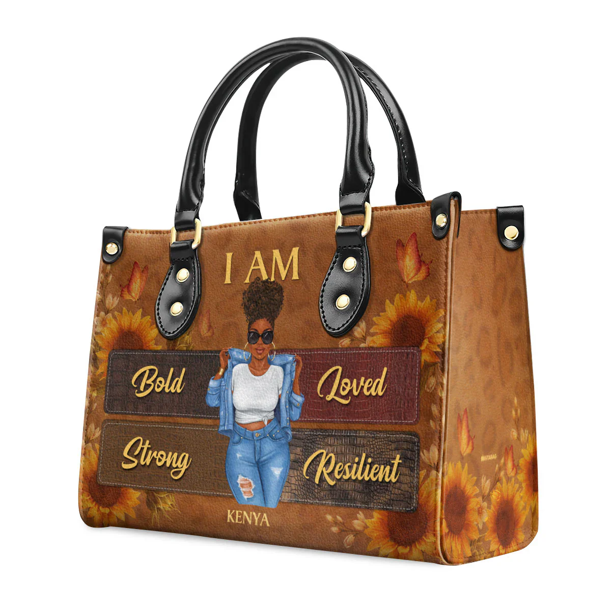 I Am Bold Strong Loved Tote - Personalized Afro Leather Handbag - Empowerment Gift For Black Women | GR3 HD95 - Image 2