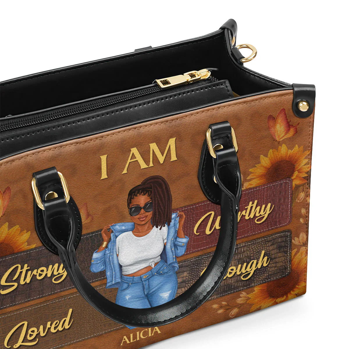 I Am Bold Strong Loved Tote - Personalized Afro Leather Handbag - Empowerment Gift For Black Women | GR3 HD95 - Image 4