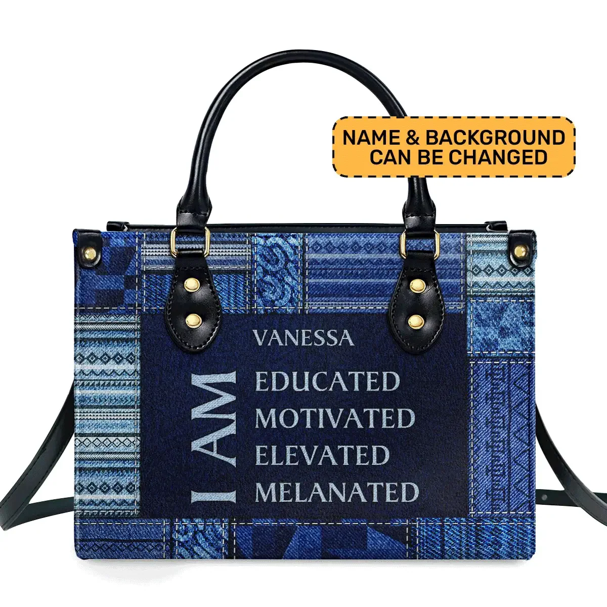 I Am Educated & Motivated Denim Print Tote - Personalized Leather Handbag - Gift for Black Women | HD95