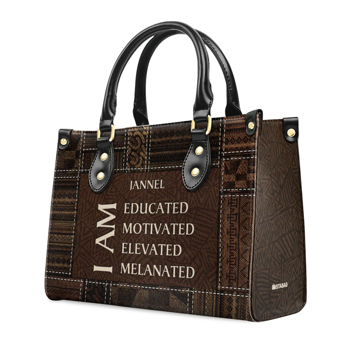 I Am Educated & Motivated Denim Print Tote - Personalized Leather Handbag - Gift for Black Women | HD95 - Image 2