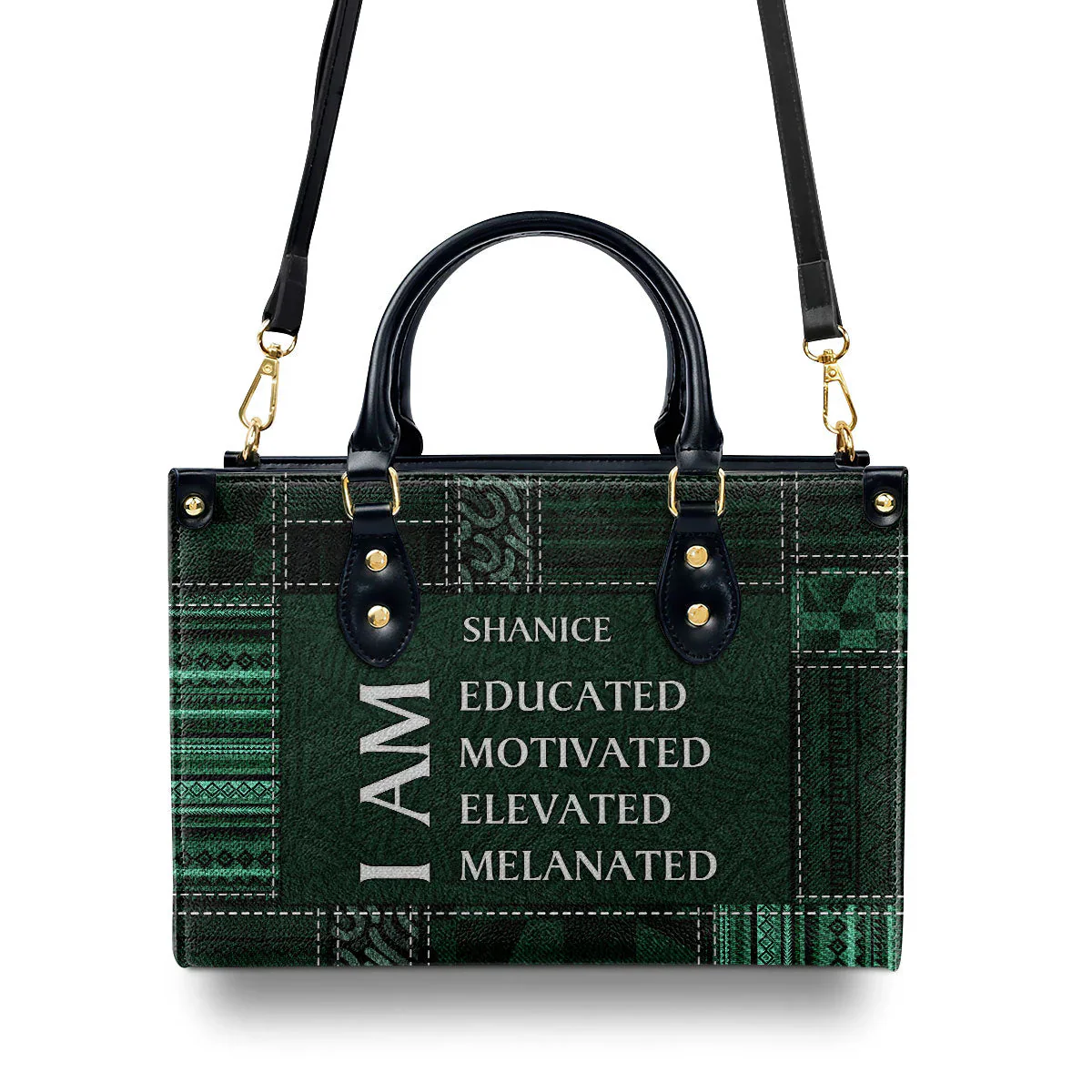 I Am Educated & Motivated Denim Print Tote - Personalized Leather Handbag - Gift for Black Women | HD95 - Image 3