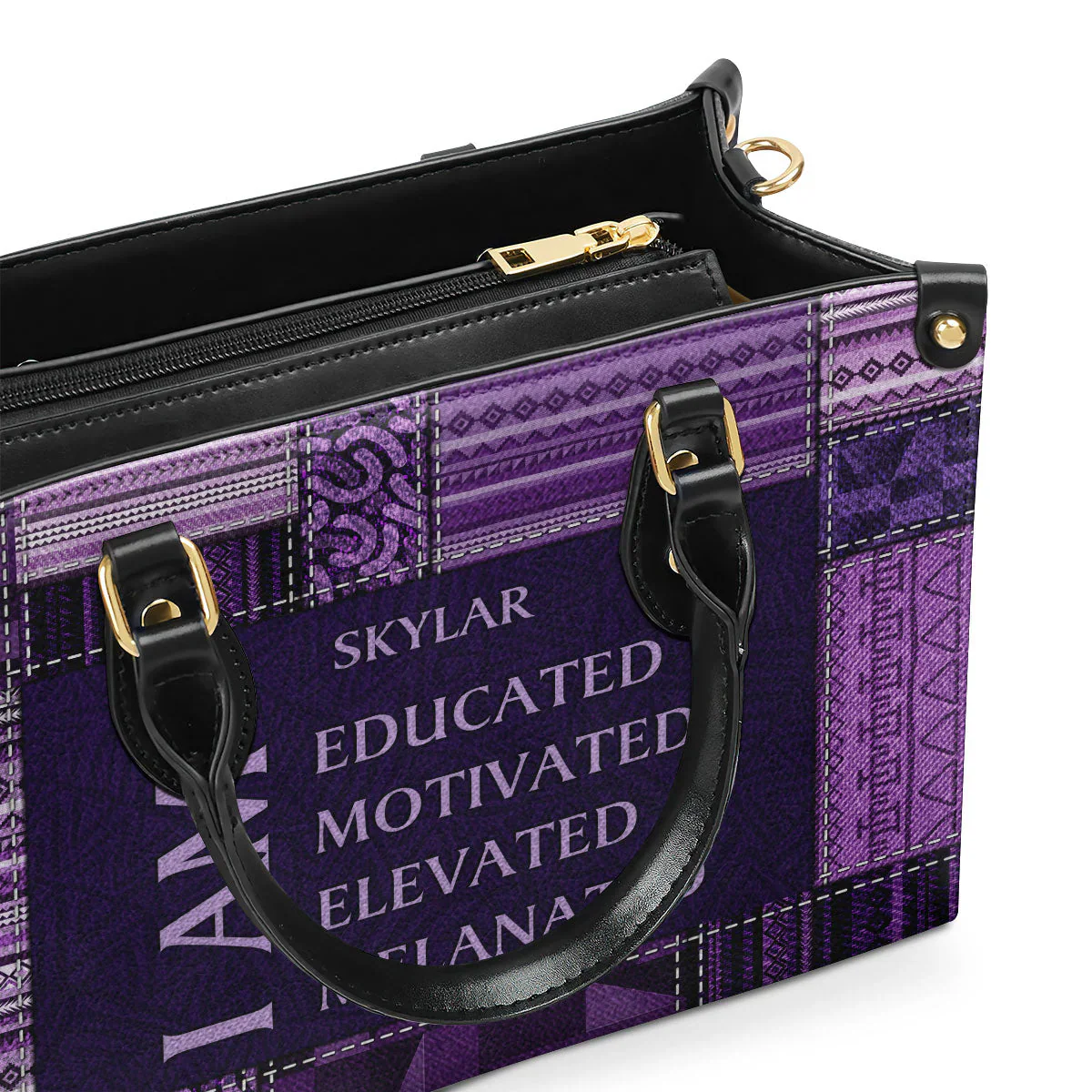 I Am Educated & Motivated Denim Print Tote - Personalized Leather Handbag - Gift for Black Women | HD95 - Image 4